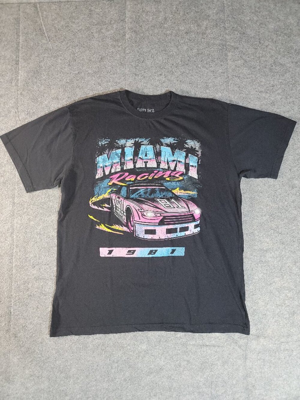 Thrift Shop Exchange Miami Racing Neon Graphic T-Shirt Black Mens Size Large